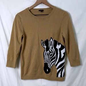Talbots Women's Camel Brown Zebra Sweater 3/4 Sleeve Size M Animal Print Casual